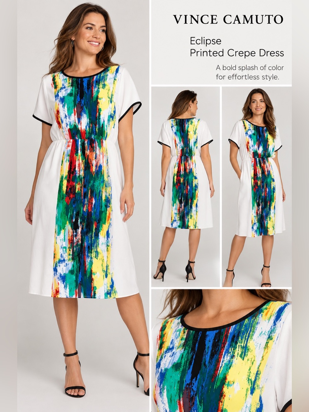 Vince Camuto Eclipse Printed Crepe Dress — White with Multicolor Print